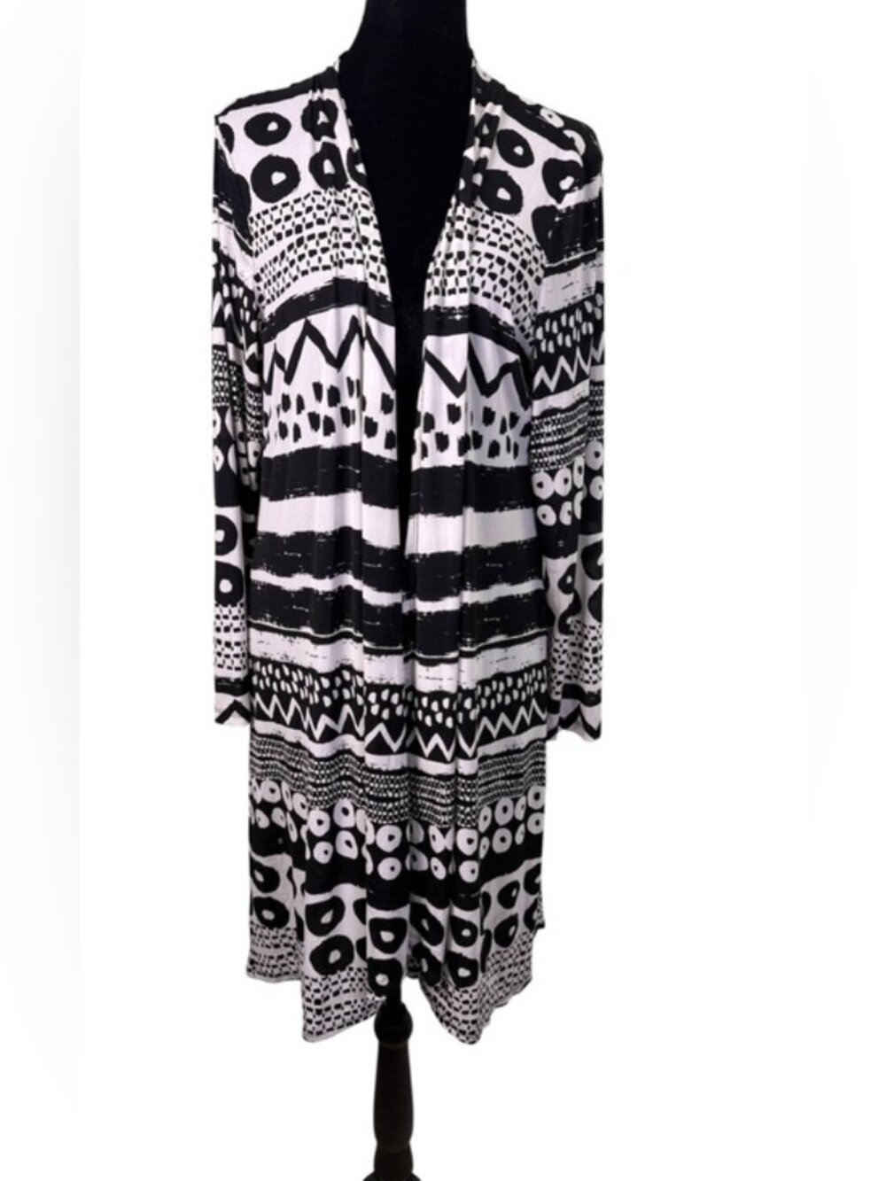Slim Factor by Investments Black White Abstract Longline Cardigan M - Picture 2 of 7